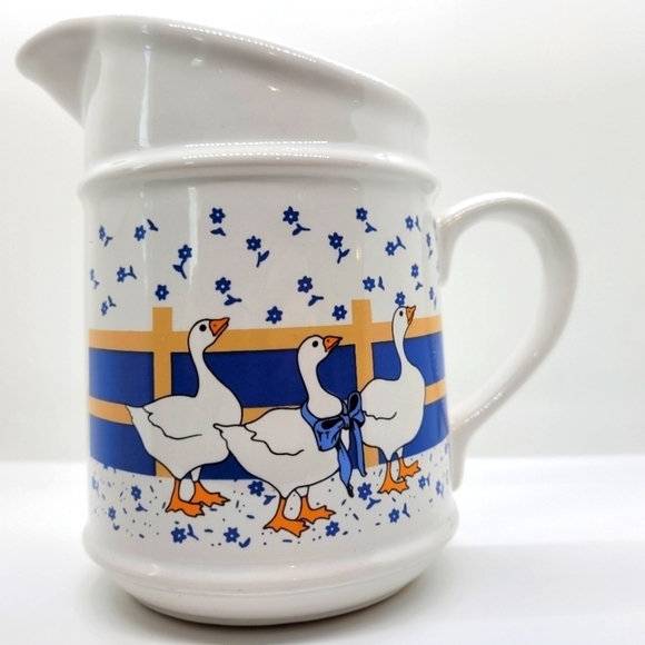 Vintage Country Blue Ribbon Goose Duck Ceramic Creamer Pitcher - Picture 1 of 10